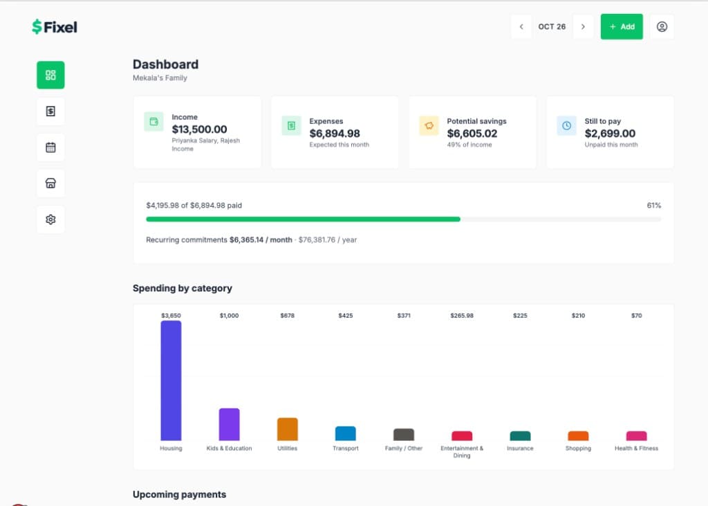 Fixel dashboard on iPad Pro, with income, expenses, savings, and spending by category